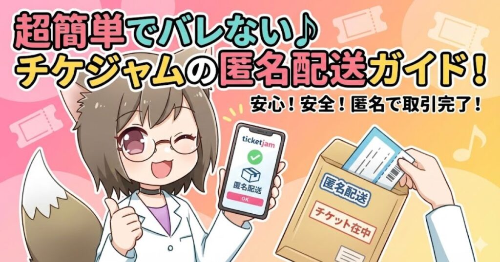 「超簡単でバレない♪チケジャムの匿名配送ガイド！」のタイトルと、荷物を持って笑顔でサムズアップするMAYUMIのアイキャッチ画像