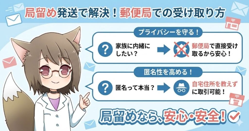 MAYUMIが郵便局留めのメリット（プライバシー保護や自宅住所の秘匿）を吹き出しで解説しているインフォグラフィック画像
