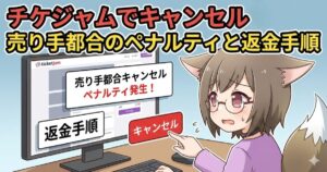 チケジャムでキャンセル（売り手都合）について解説している女性