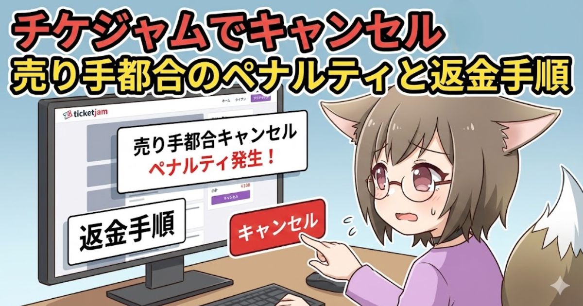 チケジャムでキャンセル（売り手都合）について解説している女性