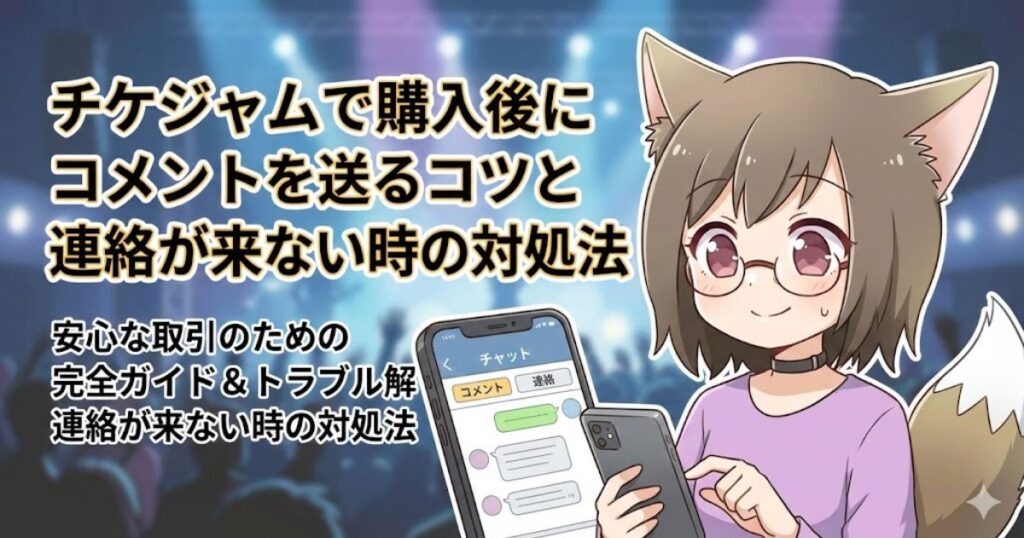 チケジャムで購入後のコメントについて解説している女性