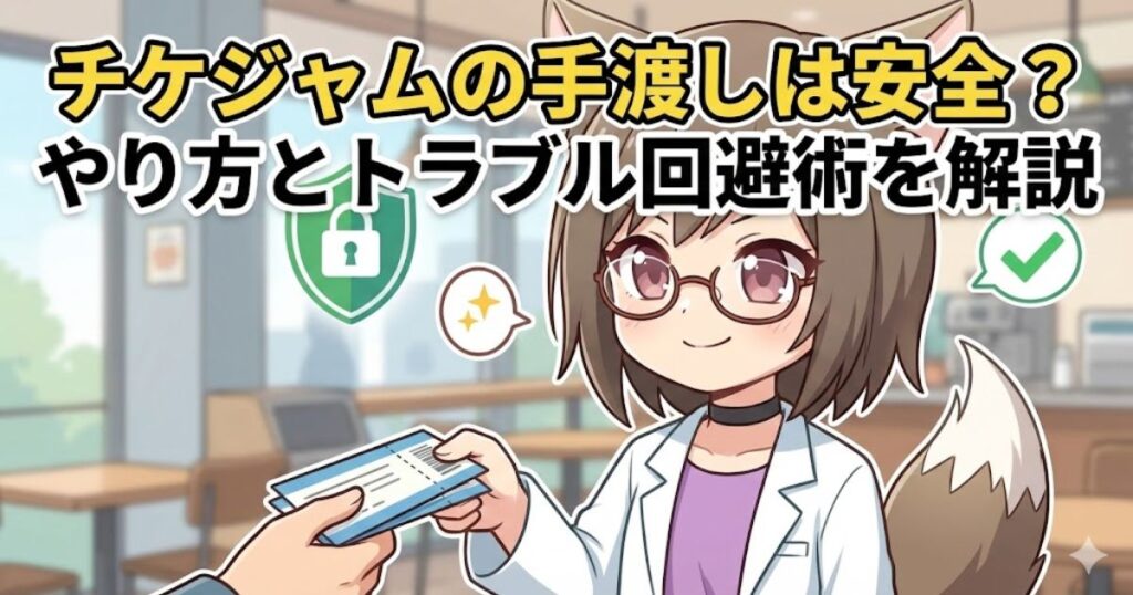 チケジャムの手渡し取引の解説記事アイキャッチ画像。白衣を着た狐耳のキャラクターがチケットを手渡しているイラストに、「チケジャムの手渡しは安全？やり方とトラブル回避術を解説」というタイトル文字が添えられている。