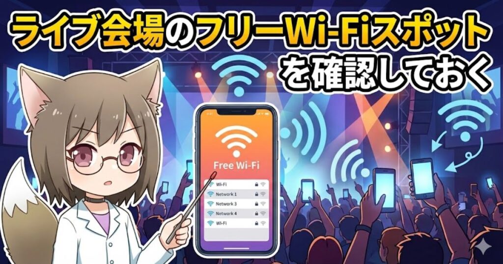 ライブ会場でのフリーWi-Fi確認を促すイラスト。狐耳のキャラクターが、スマートフォンのWi-Fi設定画面を指し示している。背景にはサイリウムを持つ観客とライブステージが描かれ、「ライブ会場のフリーWi-Fiスポットを確認しておく」というテキストがある。
