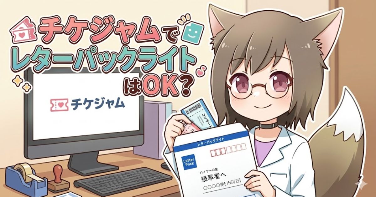 「チケジャムでレターパックライトはOK?」という見出しが入ったアイキャッチ画像。チケジャムの画面が表示されたパソコンの前で、キャラクターがレターパックライトの封筒とチケットを手に持っている。