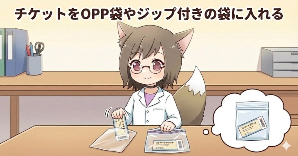 チケットをOPP袋やジップ付きの袋に入れて、「もし水に浸かっても中身は無事」という状態にしてから封筒に入れている女性