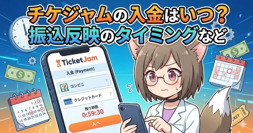 チケジャムの入金タイミングを解説するアイキャッチ画像。スマホを操作するキャラクターと、「コンビニ」「クレジットカード」の支払い選択画面、背景に時計やカレンダーが描かれている。