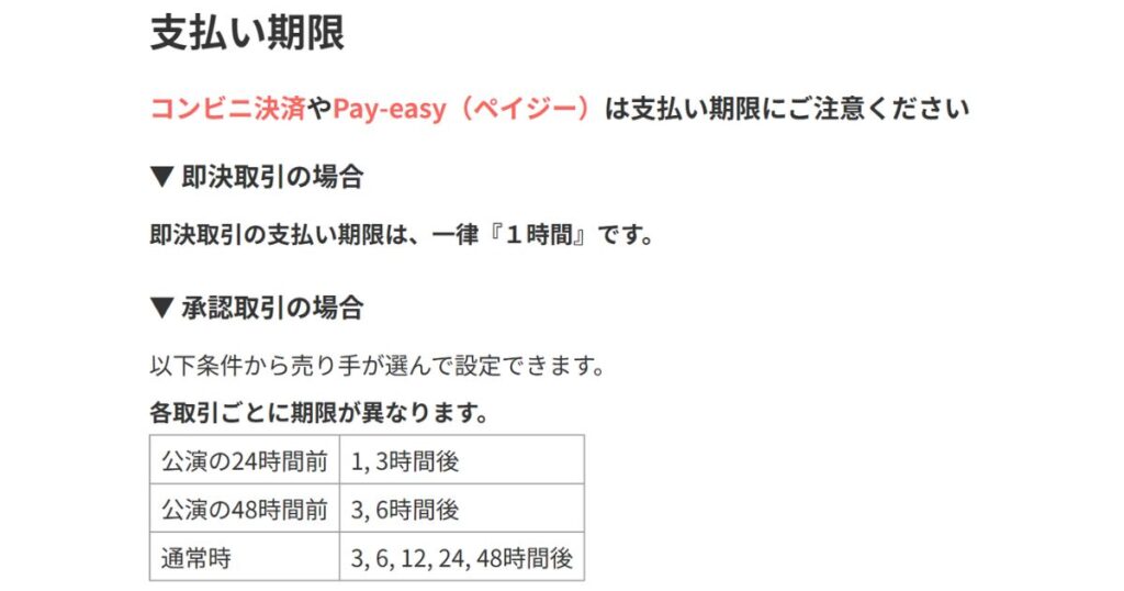 支払い期限のルール説明。即決取引は一律1時間、承認取引は売り手が設定した時間(3時間〜48時間など)が、公演までの残り時間に応じた表形式で記載されている。