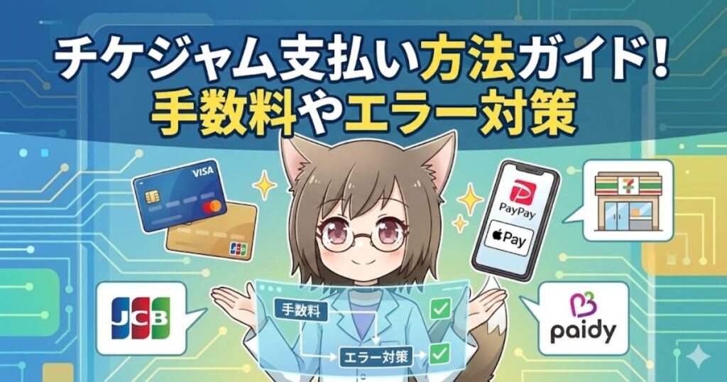 チケジャム支払い方法ガイド！手数料やエラー対策」の文字と、運営者MAYUMI、各種決済サービスのロゴが並んだブログ用アイキャッチ画像