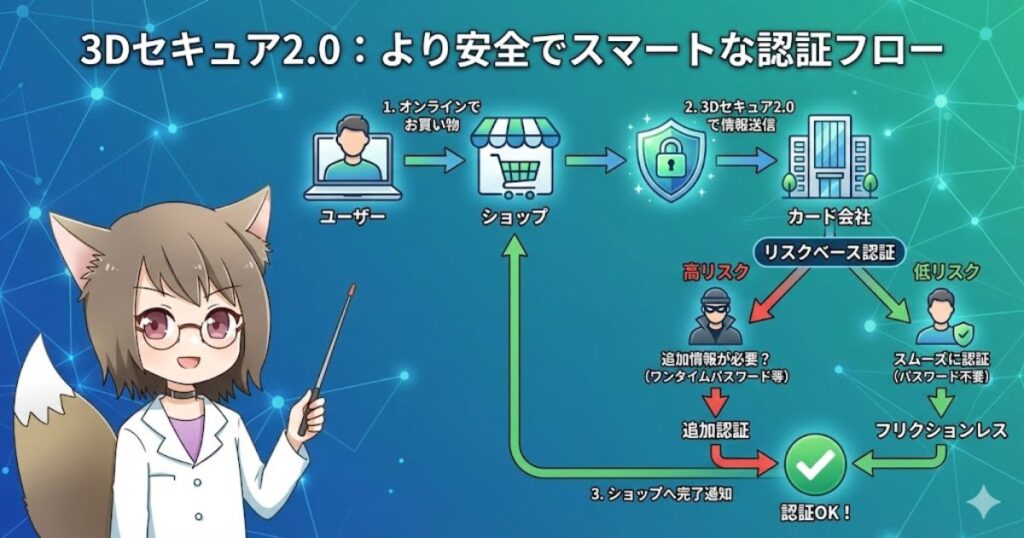 オンラインショッピングにおける3Dセキュア2.0の安全な認証プロセスを、MAYUMIが指示棒で詳しく解説しているインフォグラフィック画像