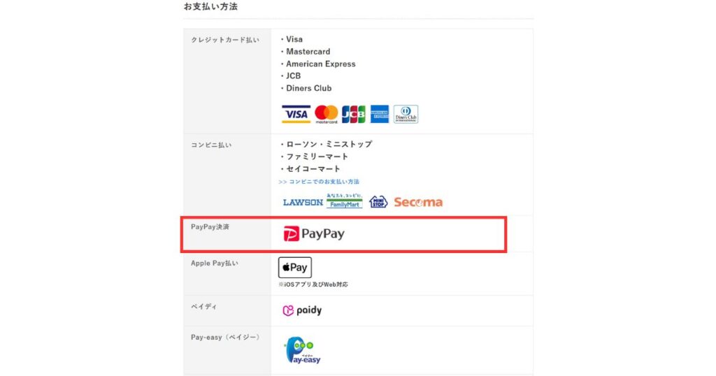チケジャムの支払い方法一覧画面で「PayPay決済」の項目を赤枠で強調した操作画面のスクリーンショット