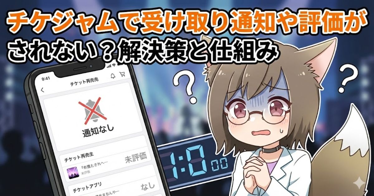 チケジャムの解説記事のサムネイル。不安そうな表情の狐耳のキャラクターと「通知なし」と表示されたスマホのイラスト。中央に「チケジャムで受け取り通知や評価がされない?解決策と仕組み」というタイトル文字。