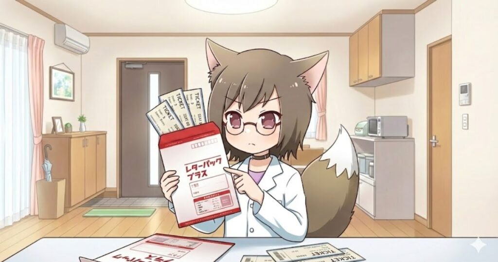 レターパックプラスに入った3枚の紙チケットを手に取り、券面内容のチェックを説明しているMAYUMIのイラスト