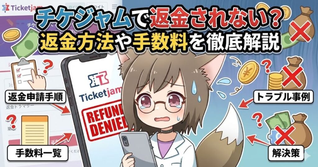 チケジャムの返金トラブルに関する解説記事のアイキャッチ画像。困り顔のキャラクターが「REFUND DENIED（返金不可）」と表示されたスマホを持ち、背景には「返金申請手順」「手数料一覧」「トラブル事例」「解決策」といった解説項目のラベルが配置されている。