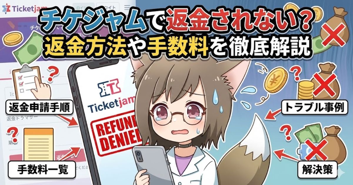 チケジャムの返金トラブルに関する解説記事のアイキャッチ画像。困り顔のキャラクターが「REFUND DENIED(返金不可)」と表示されたスマホを持ち、背景には「返金申請手順」「手数料一覧」「トラブル事例」「解決策」といった解説項目のラベルが配置されている。