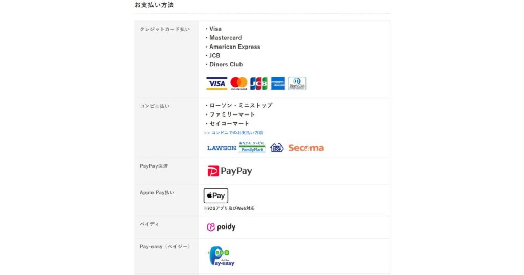 チケジャムで利用可能な支払い方法の一覧。クレジットカード、コンビニ払い、PayPay決済、Apple Pay、ペイディ、Pay-easy（ペイジー）に対応している。