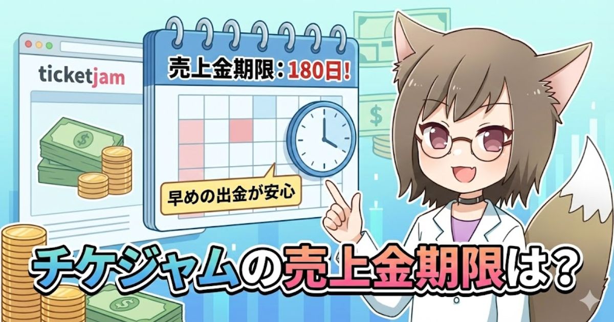 チケジャムの売上金期限について解説する、白衣を着たキツネ耳のキャラクター。「売上金期限：180日！早めの出金が安心」というメッセージが添えられたアイキャッチ画像。