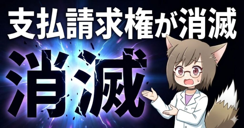 「支払請求権が消滅」という大きな文字とともに、ショックを受けるキツネ耳キャラクターが描かれた警告用のアイキャッチ画像。