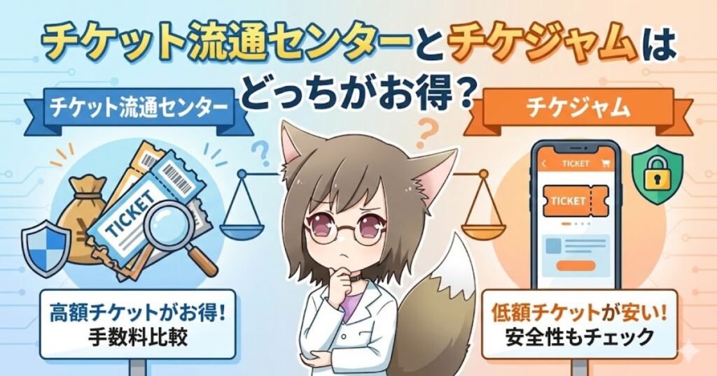 チケット流通センターとチケジャムを比較して悩むMAYUMIのアイキャッチ画像。高額チケットはチケ流、低額チケットはチケジャムがお得であることを示唆