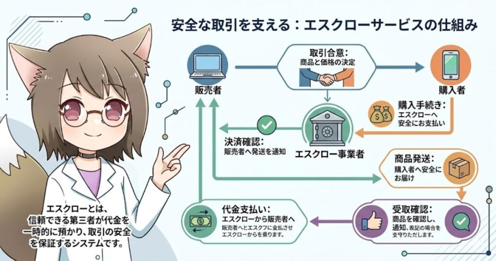エスクローサービスのインフォグラフィック。第三者が代金を預かり取引の安全を保証するシステムを図解