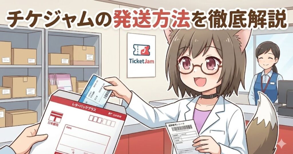 チケジャムの発送方法の解説。キャラクターが郵便局の窓口で、レターパックプラスの封筒と追跡番号レシートを持っているイラスト。