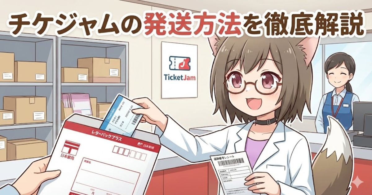 チケジャムの発送方法の解説。キャラクターが郵便局の窓口で、レターパックプラスの封筒と追跡番号レシートを持っているイラスト。