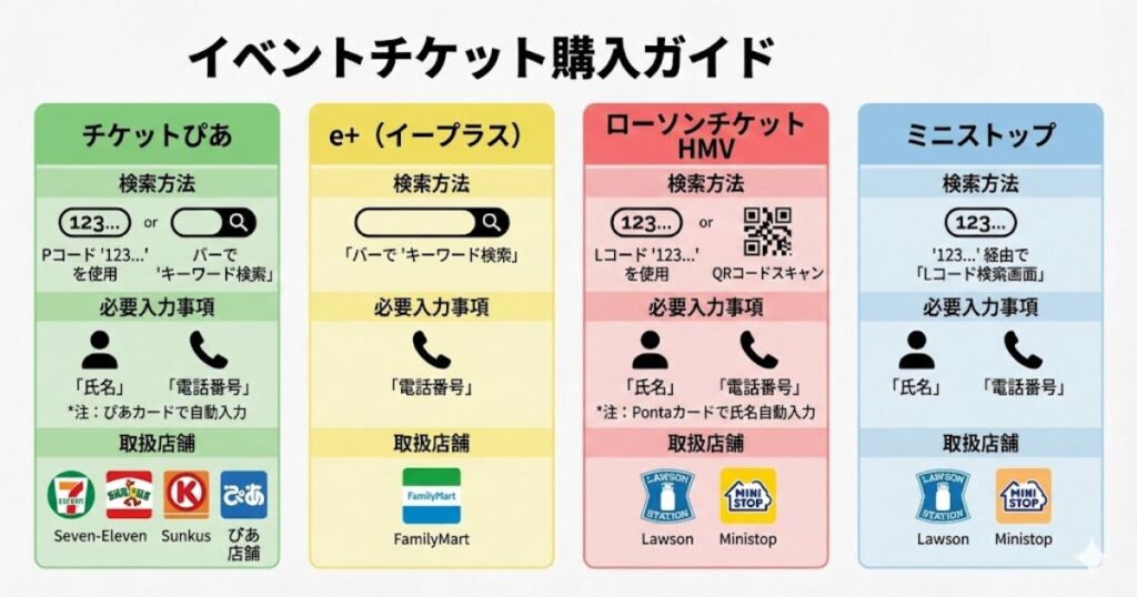 イベントチケット購入ガイド。チケットぴあ、e+（イープラス）、ローソンチケット、ミニストップの各プレイガイドについて、検索方法、必要入力事項、取扱店舗をまとめた比較表。