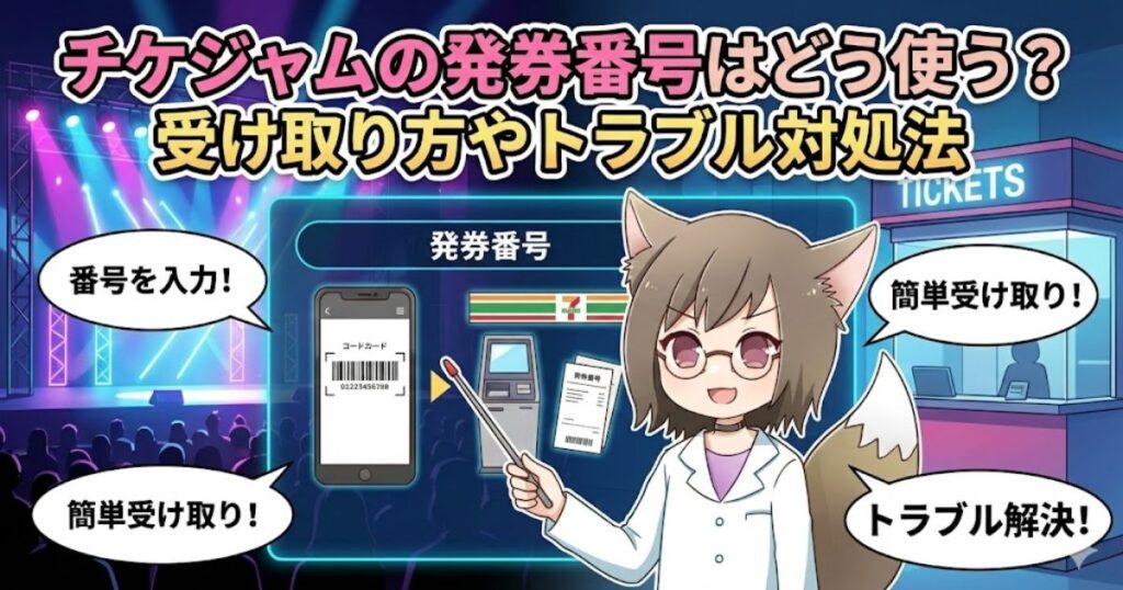 チケジャムの発券番号の使い方や受け取り方、トラブル対処法を解説するブログ用アイキャッチ画像。白衣を着たキツネ耳のキャラクターが、コンサート会場を背景にスマホ画面やコンビニ端末の操作手順を案内しているイラスト。