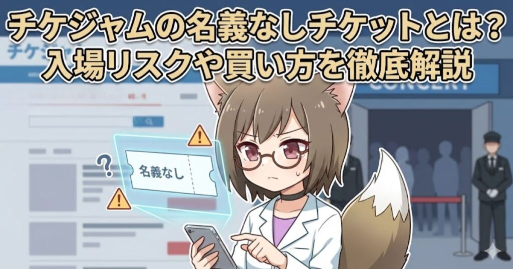 チケジャムの名義無しチケットについて解説している女性