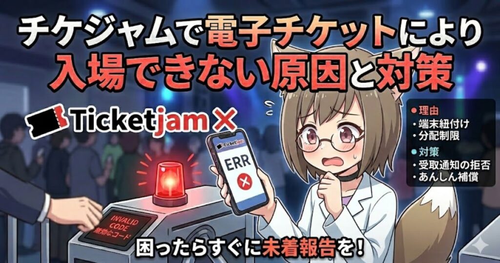 「チケジャムで電子チケットにより入場できない原因と対策」というタイトルのアイキャッチ画像。困り顔のキャラクターがスマートフォンのエラー画面を持ち、入場ゲートの前に立っている様子。