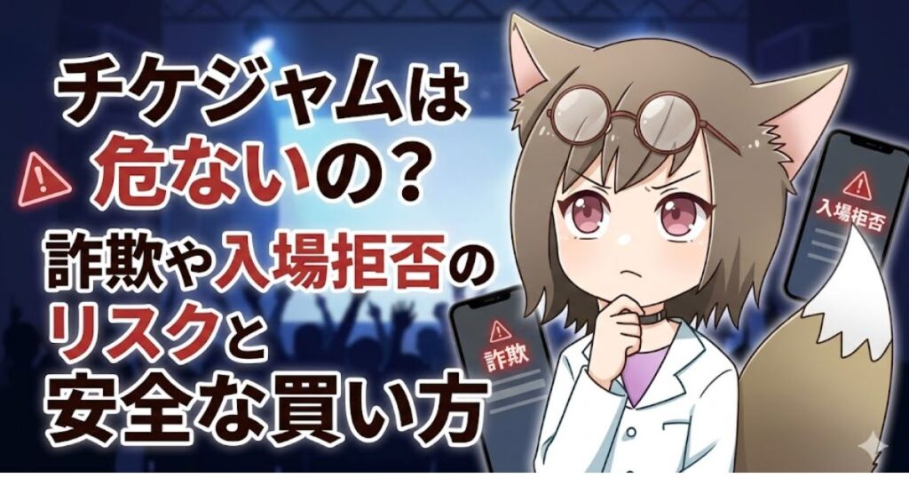 ブログ記事のアイキャッチ画像。中央に「チケジャムは危ないの？詐欺や入場拒否のリスクと安全な買い方」というタイトル、右側に悩む表情のキャラクター、背景にライブ会場とスマートフォンの警告画面