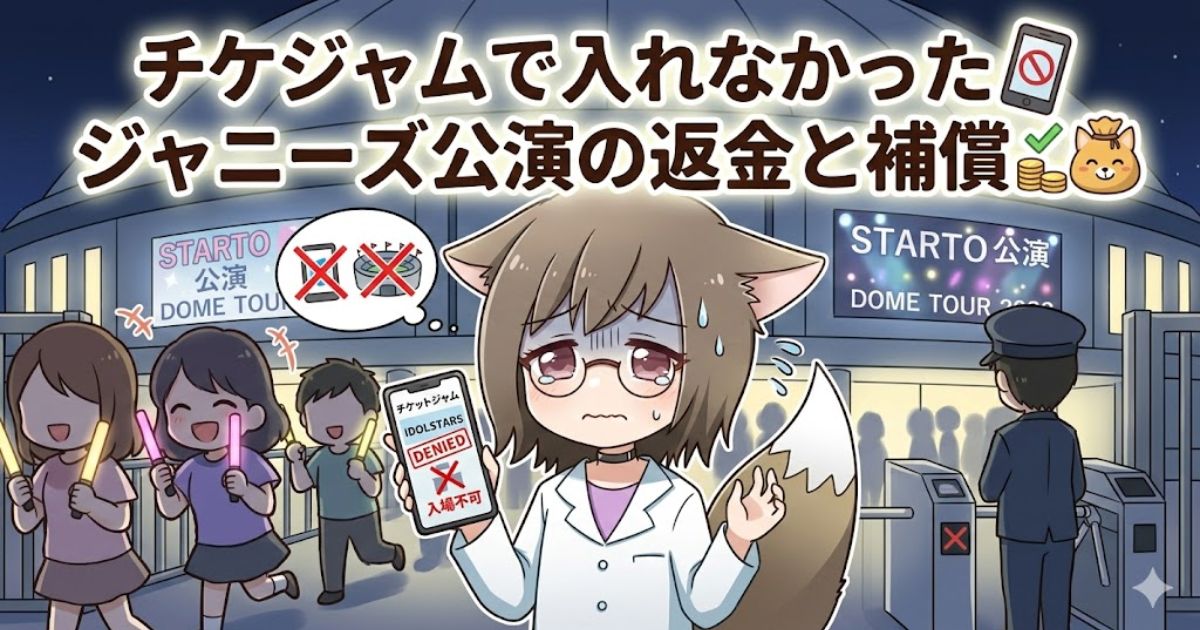 アイキャッチ画像：ドーム公演会場の前で、スマートフォンに『入場不可』と表示され悲しむ女の子のイラスト。タイトル文字『チケジャムで入れなかったジャニーズ公演の返金と補償』
