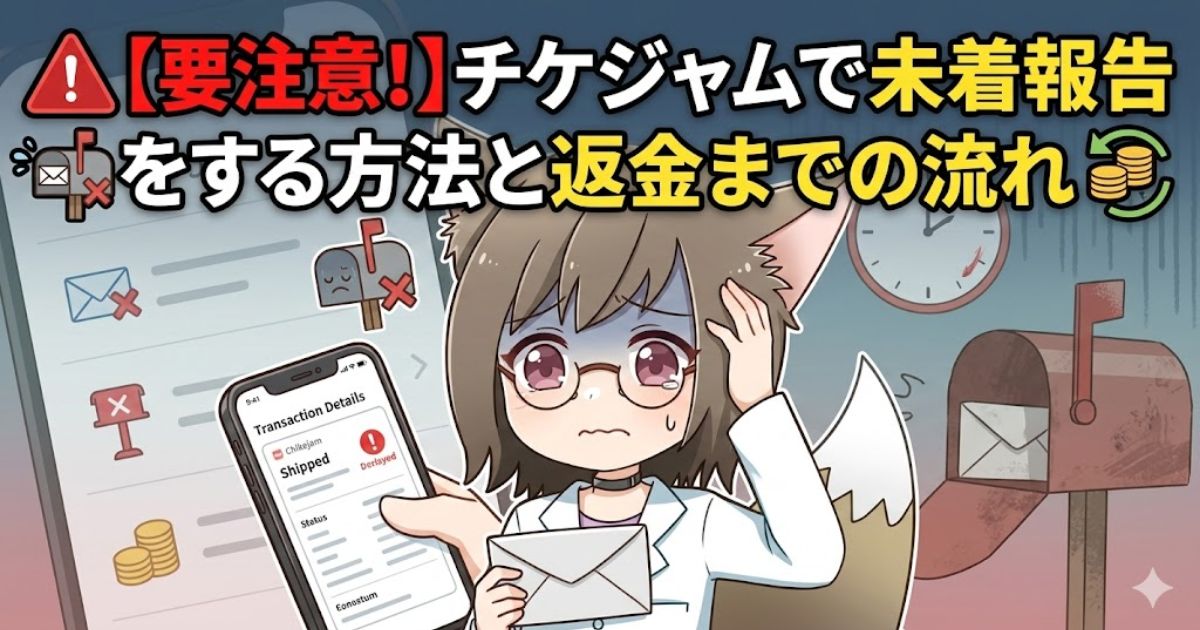 「【要注意!】チケジャムで未着報告をする方法と返金までの流れ」というタイトルが入ったアイキャッチ画像。困った表情のケモノ耳の女の子と、未着通知が表示されたスマホや郵便受けのイラストが描かれている。