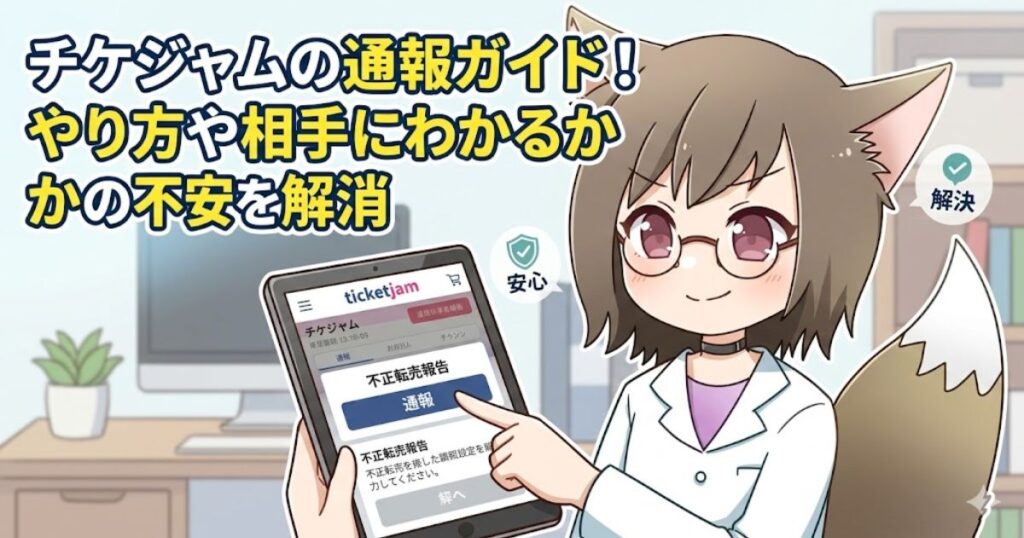 「チケジャムの通報ガイド！やり方や相手にわかるかの不安を解消」という記事タイトルのアイキャッチ画像。タブレットで通報画面を操作するキャラクターのイラスト