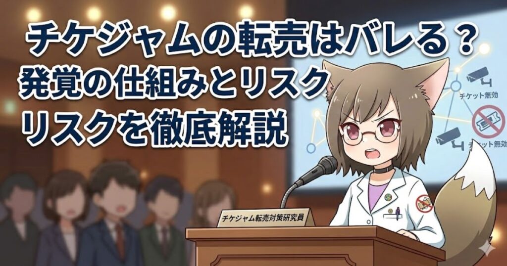 チケジャムの転売はバレる？発覚の仕組みとリスクを徹底解説という文字と、演台で解説するMAYUMIのアイキャッチ画像