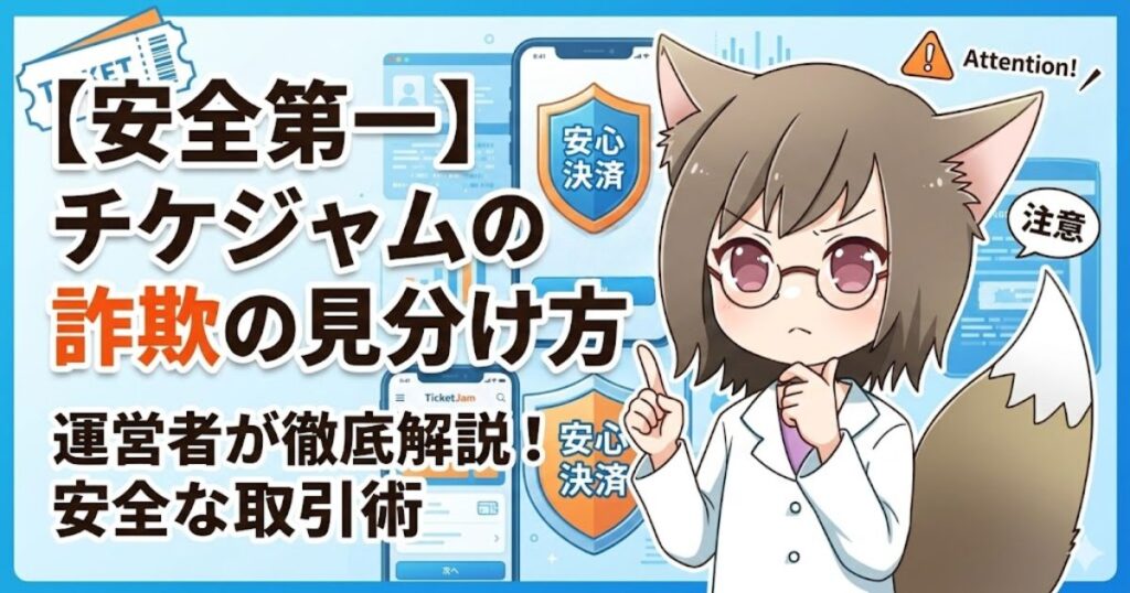 「【安全第一】チケジャムの詐欺の見分け方」というタイトルと、注意深く考え込む表情のMAYUMIが描かれたアイキャッチ画像。